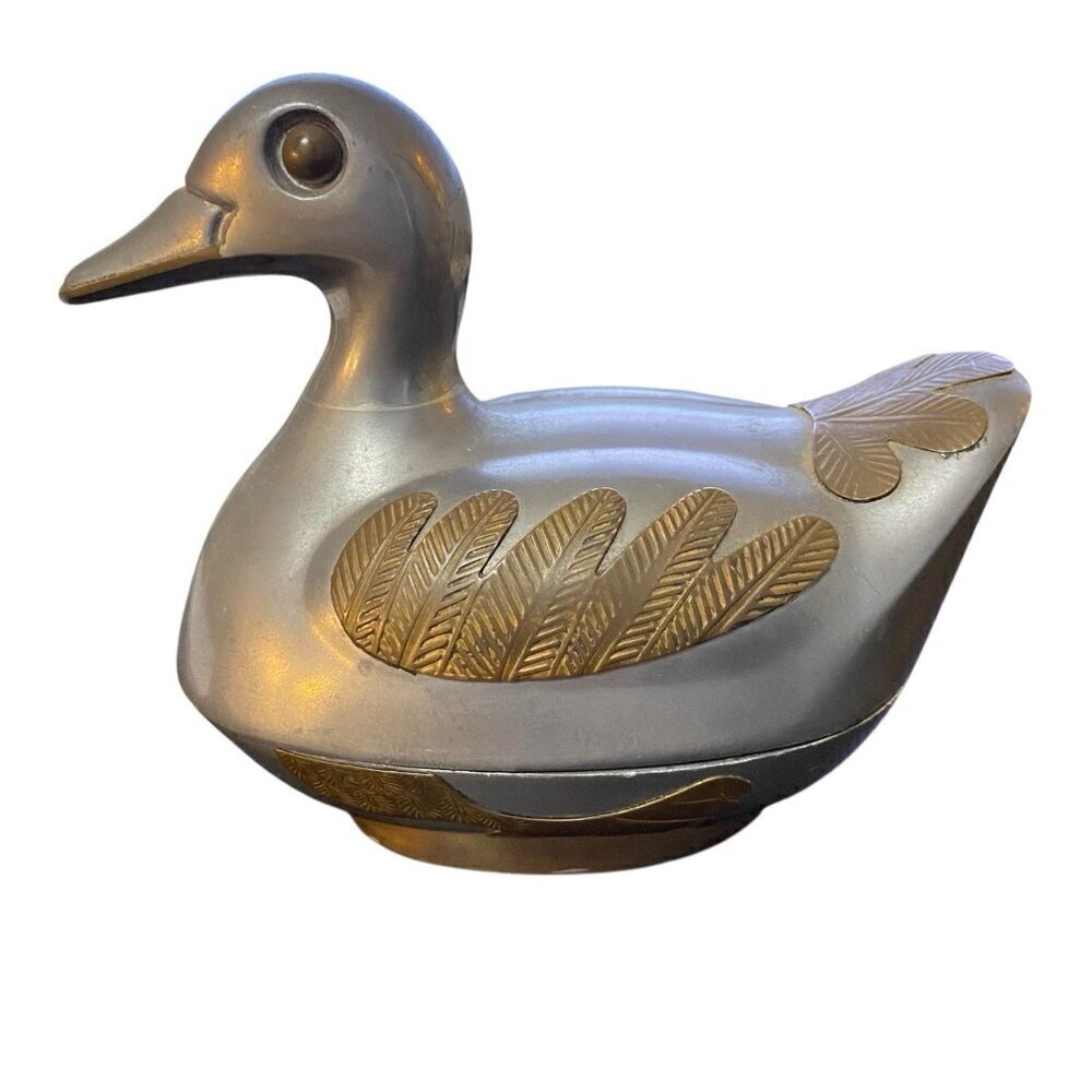 Vintage 1970's Pewter Duck Trinket Box with Brass Overlay Hong Kong 4" x 5" - Picture 6 of 9